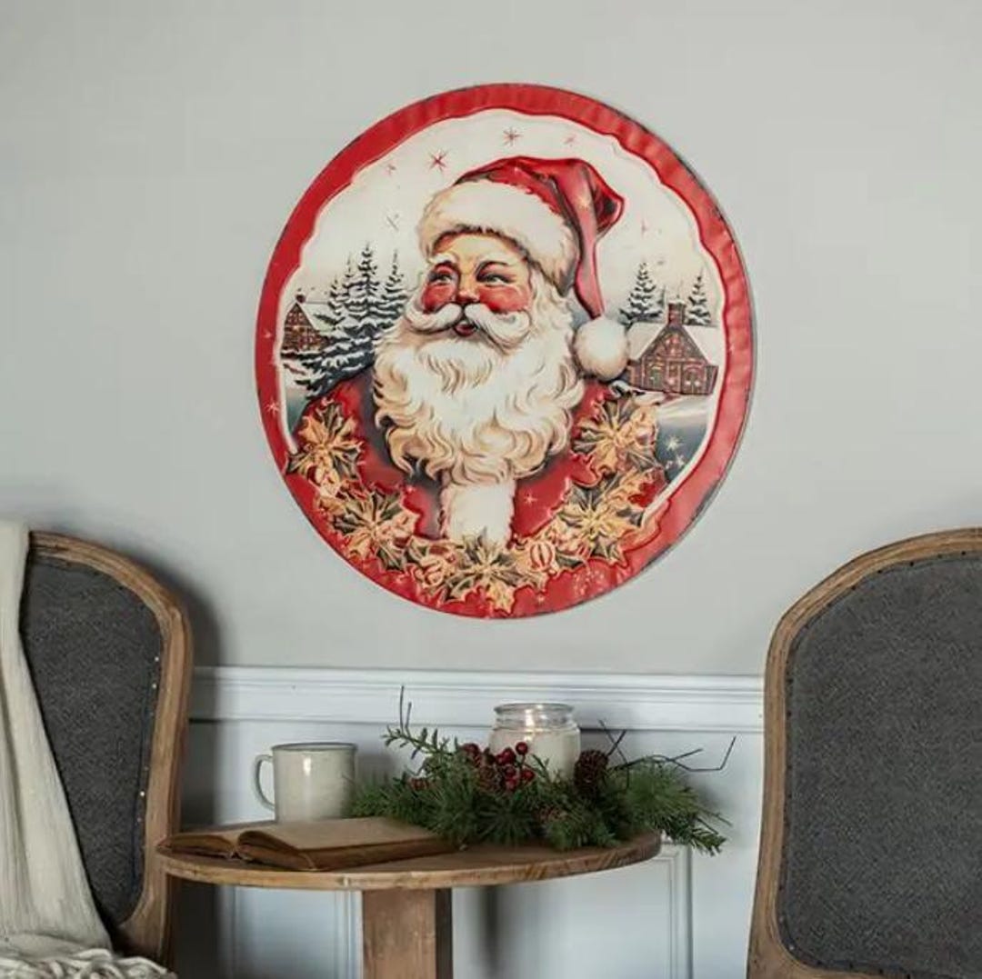 Vintage Jolly Santa Round Metal Sign - Etsy