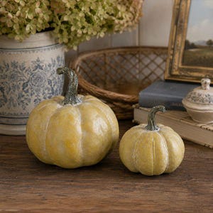 May include: Two decorative pumpkins with a textured, muted yellow finish and dark green stems. The larger pumpkin sits to the left, while the smaller pumpkin is positioned to the right. Both feature realistic ridges and a weathered, matte appearance.