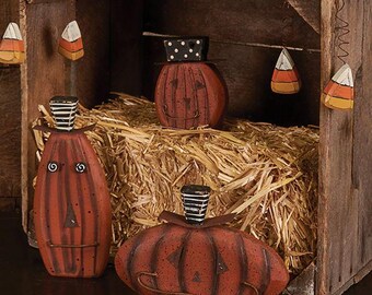 Juego de 3 adornos de madera vintage con forma de calabaza para estante