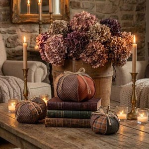 May include: A rustic arrangement featuring three fabric pumpkins in brown and orange plaid and polka dot patterns, displayed on a stack of three vintage books. A large wooden bucket holds dried hydrangea flowers, flanked by two brass candle holders.