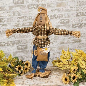 May include: A fabric scarecrow doll with a tan face, wearing a brown and black plaid shirt, blue pants, and a tan hat. It features straw-like hands and feet, a small burlap bag labeled "Seeds" with a white daisy, and a tag reading "Billy".