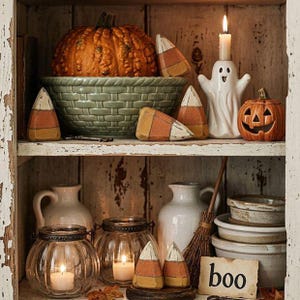 May include: A rustic wooden shelf display featuring a textured orange pumpkin in a green basket, a white ghost candle holder, a small jack-o'-lantern, several wooden candy corn decorations, glass candle jars, and a sign with the text boo.