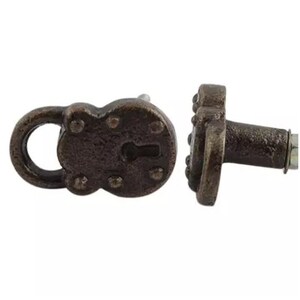 May include: Two antique-style metal cabinet knobs in the shape of padlocks. One knob is a round padlock with a keyhole and the other is a padlock with a loop handle.
