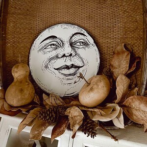 May include: A circular white decorative plate featuring a black line-art illustration of a human-like moon face with detailed shading, positioned among dried brown gourds, pinecones, and fallen leaves in a woven basket setting.