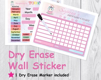 Owl, Personalized Dry Erase Reward Chart and Kids Calendar Wall Sticker, Personalized Calendar & Chore Chart, Dry Erase, For Kids, Reusable