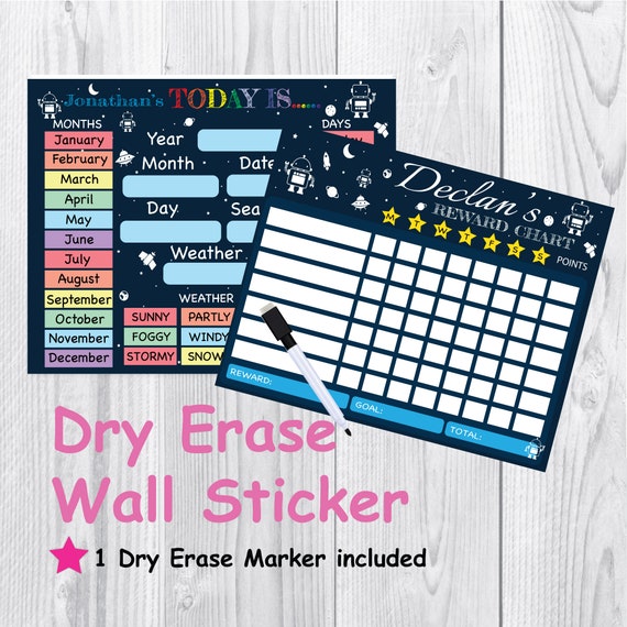 Robot, Personalized Dry Erase Reward Chart and Kids Calendar Wall Sticker,  Personalized Calendar & Chore Chart, Dry Erase, Kids, Reusable 