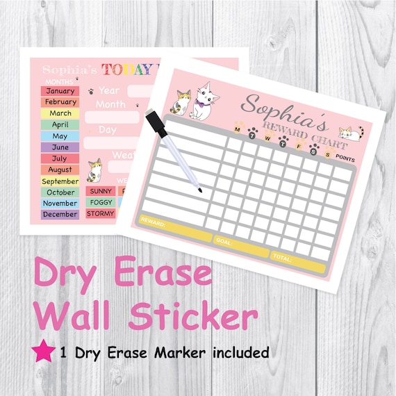 Cat, Personalized Dry Erase Reward Chart and Kids Calendar Wall Sticker,  Personalized Calendar & Chore Chart, Dry Erase, for Kids, Reusable 