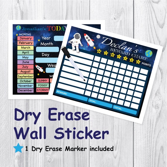 Space, Personalized Dry Erase Reward Chart and Kids Calendar Wall Sticker,  Personalized Calendar&chore Chart, Dry Erase, for Kids, Reusable 
