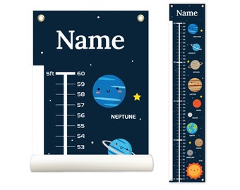 May include: A blue and black growth chart with a space theme. The chart features planets with cute faces and a star. The chart is marked in inches and feet. The chart is personalized with the name "Name".