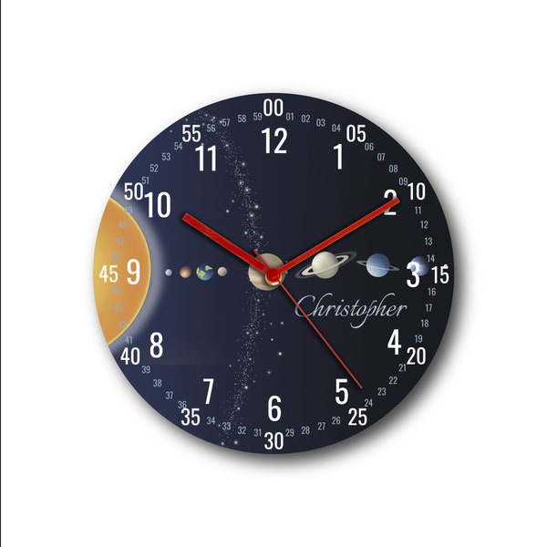 Planet, Personalized kids wall clock, Kids clock, Educational Clock, Silent movement clock, Good for bedroom, Solar System