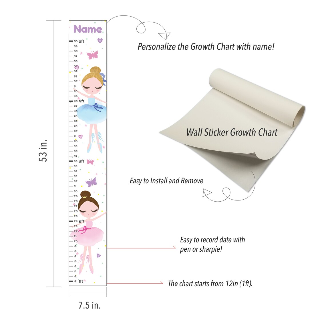 Personalized Growth Chart Wall Decal, Height Chart, Kids Growth Chart ...