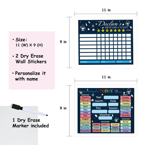 Robot, Personalized Dry Erase Reward Chart and Kids Calendar Wall Sticker,  Personalized Calendar & Chore Chart, Dry Erase, Kids, Reusable 