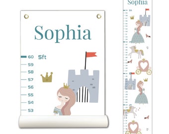 Personalized Growth Chart, Height Chart, Kids Growth Chart, Growth Chart Canvas, Princess Theme, Kid room Décor, Poly Canvas