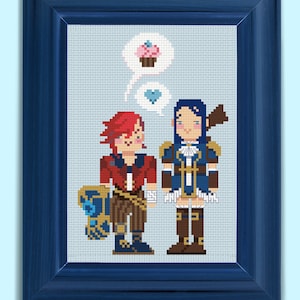 Może przedstawiać: Haftowany krzyżykiem obraz przedstawiający dwie postaci w pikselach, jedną z czerwonymi włosami i drugą z niebieskimi włosami, stojące obok siebie. Postać z czerwonymi włosami trzyma niebieski i złoty przedmiot. Postać z niebieskimi włosami ma na sobie niebiesko-złoty strój. Nad postaciami znajdują się dwie chmurki dialogowe, jedna z różowym ciastem, a druga z niebieskim sercem.