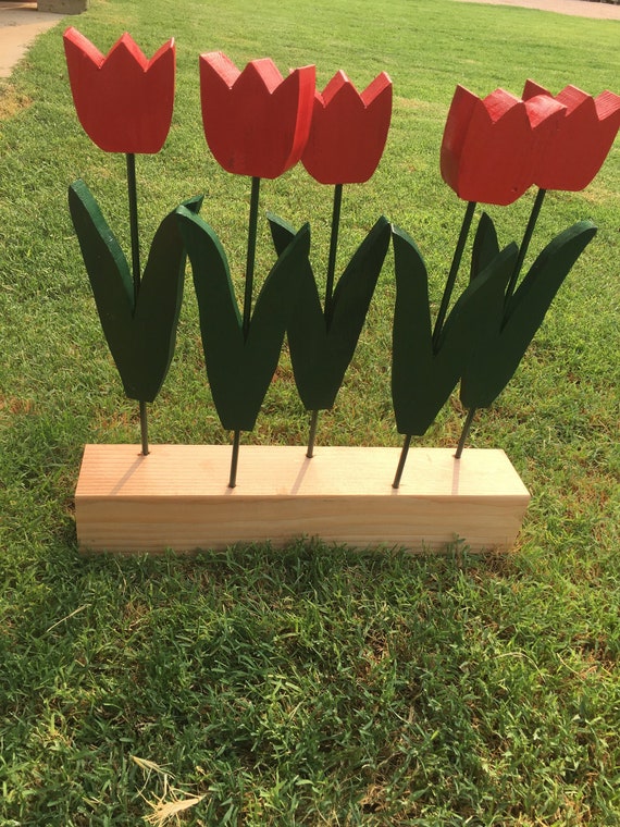 Handcrafted Wood Tulip Set, Colorful Home Decor, 5 Piece and Daisy