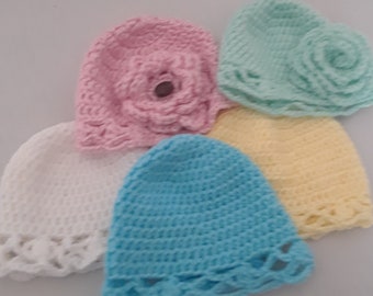 Newborn hand crocheted baby beanies, Handmade gifts for girls, Baby beanie with flower, Crochet flower beanie, Newborn baby hat