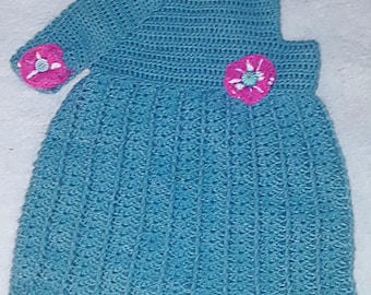 Vestido de verano y diadema de crochet hechos a mano para niña de 4 años, conjunto verde azulado
