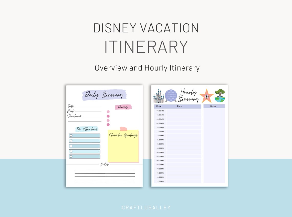 Printable WDW Vacation Itinerary Overview &amp; Hourly Theme Park Itinerary - Etsy