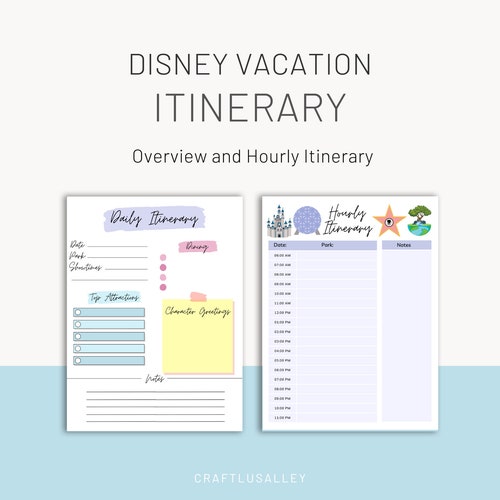 Printable WDW Vacation Itinerary Overview &amp; Hourly Theme - Etsy