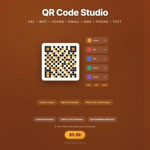 QR Code Generator Studio - Benutzerdefinierte Farben, WLAN vCard Url Text E-Mail Sms, Stapel-Qr-Codes, Sofortdownload