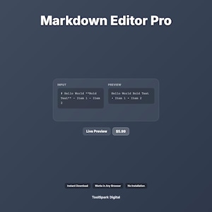 May include: A dark blue graphic advertising "Markdown Editor Pro." The image displays an input and preview section with example text. Below is a button labelled "Live Preview" and the price. The bottom of the image has text that says "Instant Download", "Works in Any Browser", and "No Installation."