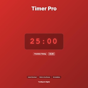 Puede incluir: Interfaz de temporizador digital roja con el texto "Timer Pro" en la parte superior. El temporizador muestra "25:00" en una fuente roja brillante. Debajo del temporizador, se muestra el texto "Precision Timing".
