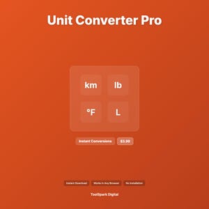 Puede incluir: Gráfico naranja con el texto "Unit Converter Pro". Un cuadrado transparente contiene las abreviaturas "km", "lb", "°F" y "L". Debajo, dice "Instant Conversions". La parte inferior del gráfico dice "Instant Download", "Works in Any Browser" y "No Installation".