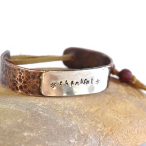Copper Stamped Cuff, Thankful cuff, Sterling silver and copper cuff, Stamped metal, Mixed metal cuff with suede beaded cord