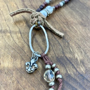 Sterling Silver Fleur De Lis beaded necklace. Boho style. White glass and stone beads. Unique artisan women&#39;s necklace, fleur de lis