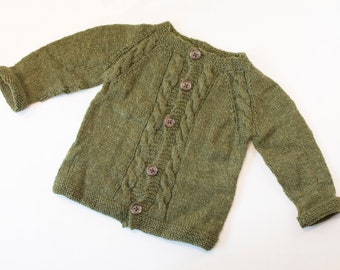 0-6 Mo Woodsy Green Hand-Knit Baby Sweater