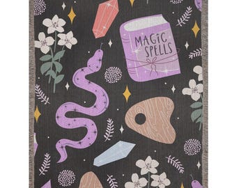 Witchy Tarot Woven Cotton Blanket: Altar Tapestry, Halloween Decor