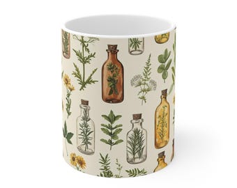 May include: White ceramic mug with a pattern of various herbs and plants in glass bottles. The bottles are filled with different colored liquids and have cork stoppers.