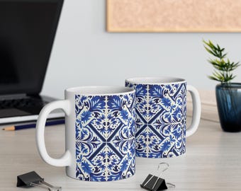 Portuguese Azulejo Ceramic Mug 11oz, Tea Cup Gift, Unique Coffee Mug, Portugal Tile Pattern, Drinkware Gift, Portuguese Ceramic Coffee Mug