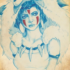 May include: A hand-drawn illustration of a woman with a wolf-like fur collar and red markings on her face. She is wearing a leather strap around her neck and a leather bracelet on her wrist. The drawing is done in blue pencil on a textured paper background.