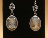 Natural Black Shell Cameo Earrings, Handcarved Italian Cameo Dangle Earrings in Sterling Silver