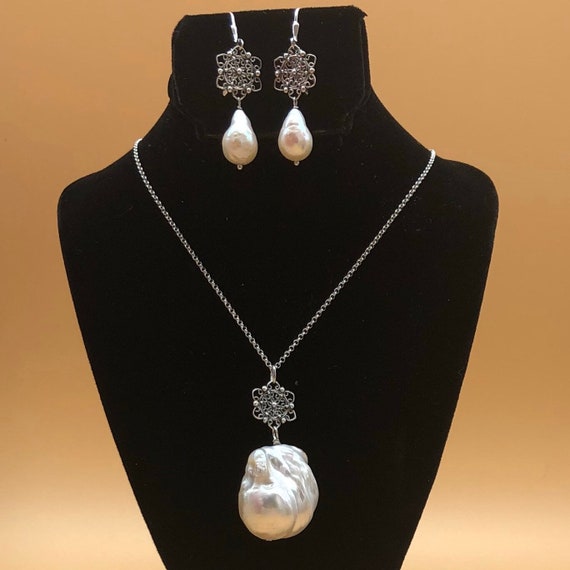 Baroque Pearl Pendant Necklace And Dangle Earrings Sterling - Baroque Pearl Pendant Earring Baroque Pearl Pendant Necklace And Dangle Earrings Sterling - Baroque Pearl Pendant Earring