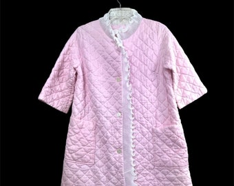 Vtg 60s 70s Quilted Robe House Coat Sz 14 Pink Accordion Ruffles Button Front
