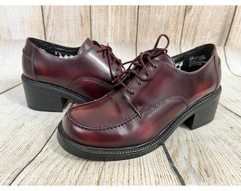 Vtg Y2K Zodiac Chunky Oxford Heels Sz 8.5 Burgundy Leather 90s Preppy Academia