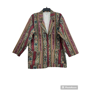 Vintage 80s Women Blazer Jacket Sz M Southwestern Tribal Aztec Print Oversized