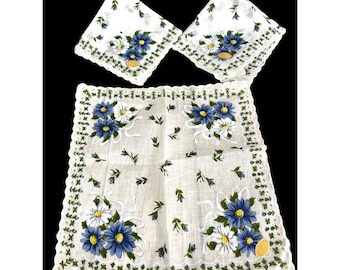 Lot of 3 Vtg Handkerchief Blue White Floral Bouquets Scallop Edges 12x12 NOS