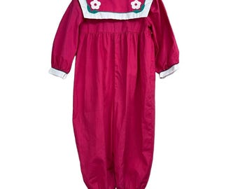 Vtg 80's Toddler Girl Bubble Romper Jumpsuit Sz 4T Pink Collared Floral Easter