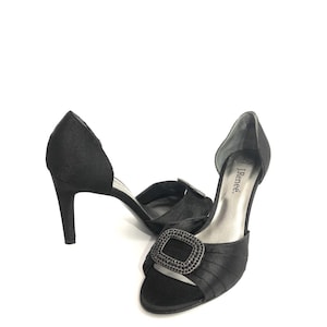 J. Renee Satin Heels Sz 7.5 Black Open Toe Pump Rhinestone Whimsigoth Y2K Fairy