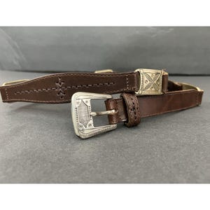 Fossil Brown Leather Belt with Silver and Gold Western Accents Fossil Vintage Brown Woven Leather Silver Aztec Cowgirl  main image 4