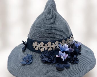Knit Witch Hat with Blue Flowers - Wool Blend, Costume Accessory