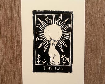 Cat Tarot Sun Card Linocut Print • 4x6 art print