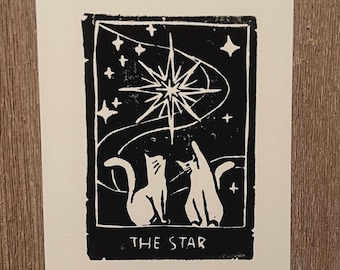 Cat Tarot Card Linocut Print, Witchy Wall Art, Hand Printed Block (4x6)