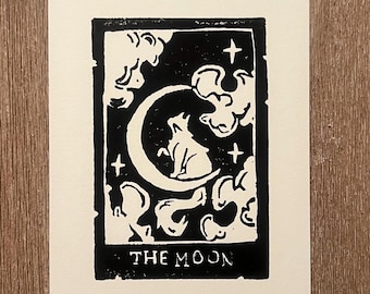 Cat Tarot Moon Card Linocut Print • 4x6 art print