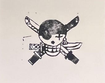 Anime Inspired Pirate Jolly Roger Linocut Print • 4x6 print