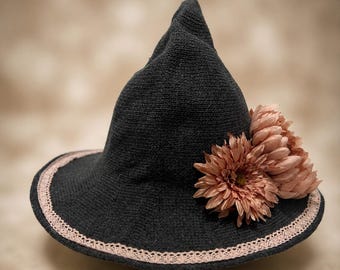 Knit Witch Hat with Pink Flowers | Romantic Cottagecore Fairycore Costume