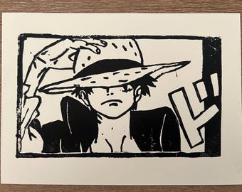 Anime-Inspired Pirate Linocut Print • 5x7 Black & White Art